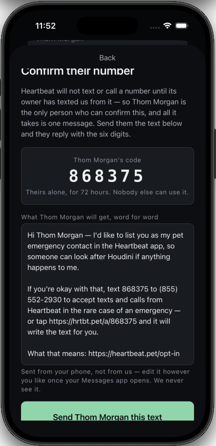 The app writes the ask, with the digits belonging to that one contact. Nothing has been sent at this point, by anybody.