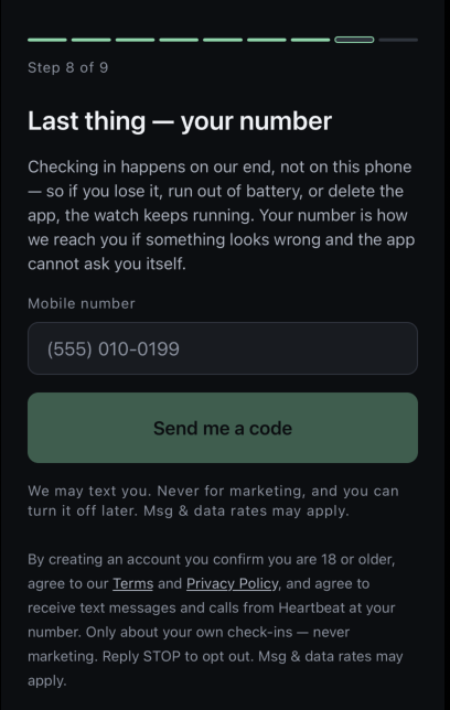 The sign-up screen. The disclosure sits under the field, above the button that sends the code.